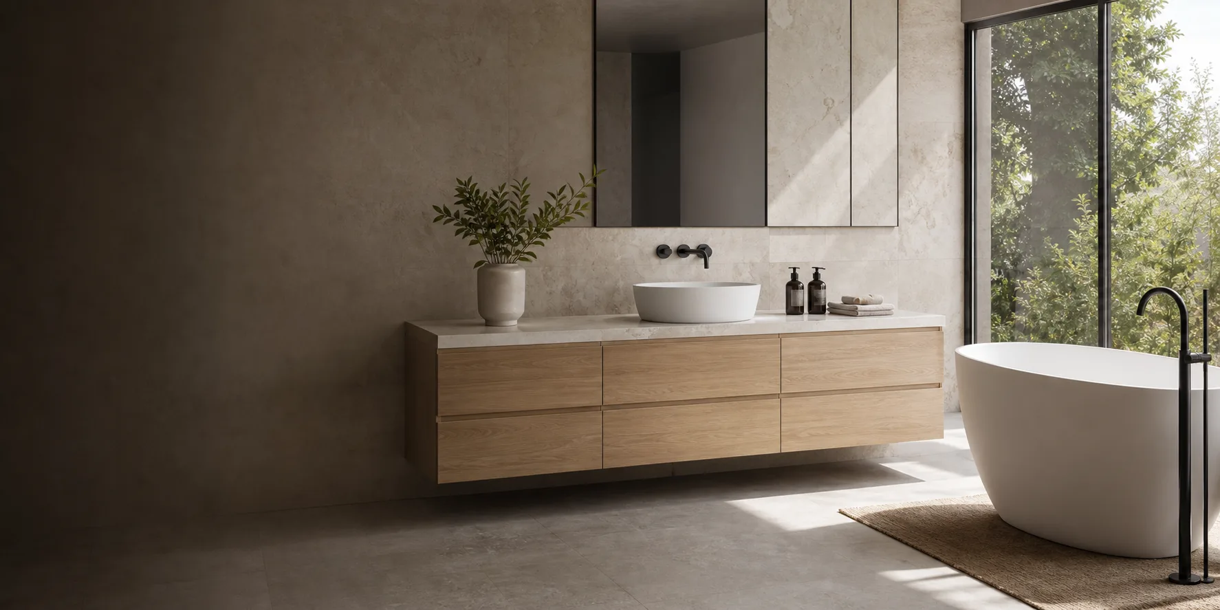 Salle de bain Evos avec vanité, robinetterie et finitions coordonnées